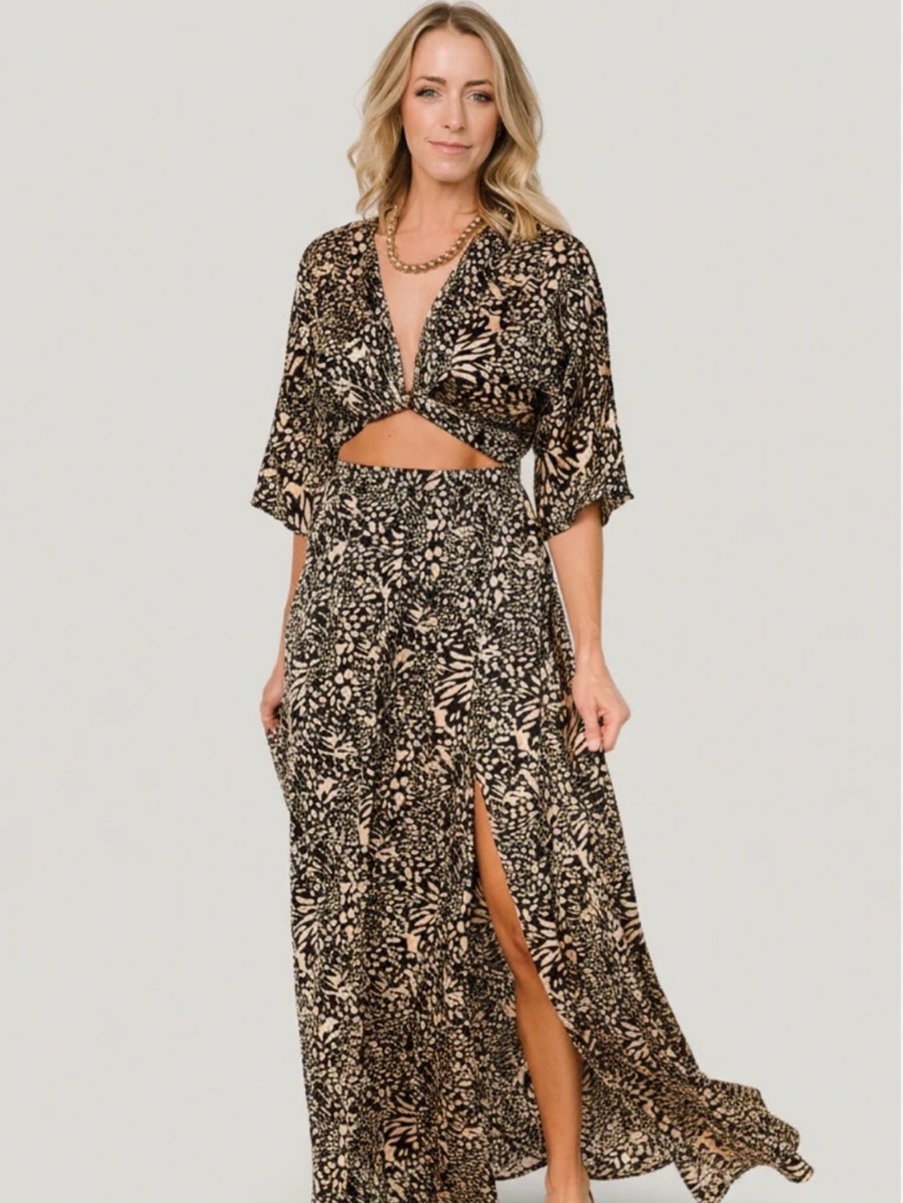 Baltic Born NWOT Morlana Maxi Dress Black and Tan Print Large L